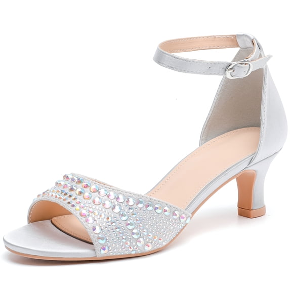 DADAWEN Low Hee Dress Shoes Open Toe Ankle Strap Sandals Rhinestone Shiny Silver 9US