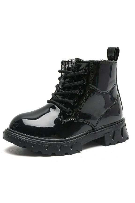Toddler Boys Girls Combat Boots Waterproof Ankle Boots With Side Zipper Black/Glossy leather 13 Little Kid