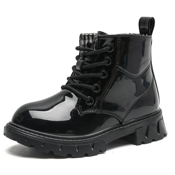 DADAWEN Toddler Boys Girls Combat Boots Waterproof Ankle Boots With Side Zipper Black/Glossy leather 3 Little Kid