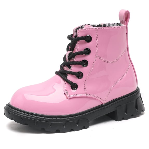 DADAWEN Toddler Boys Girls Combat Boots Ankle Boots Kid Unisex Shoes Pink/Glossy leather 7 Toddler