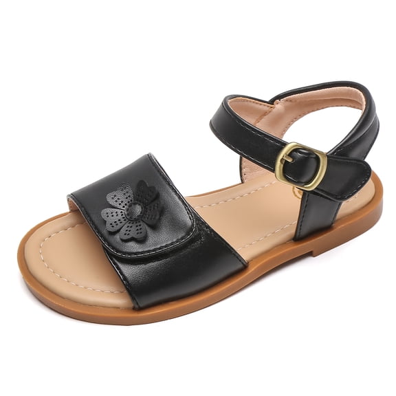 DADAWEN Toddler Girls Sandals Flats Open Toe Two Strap hook&loop Dress Sandals Black 3 Little Kid