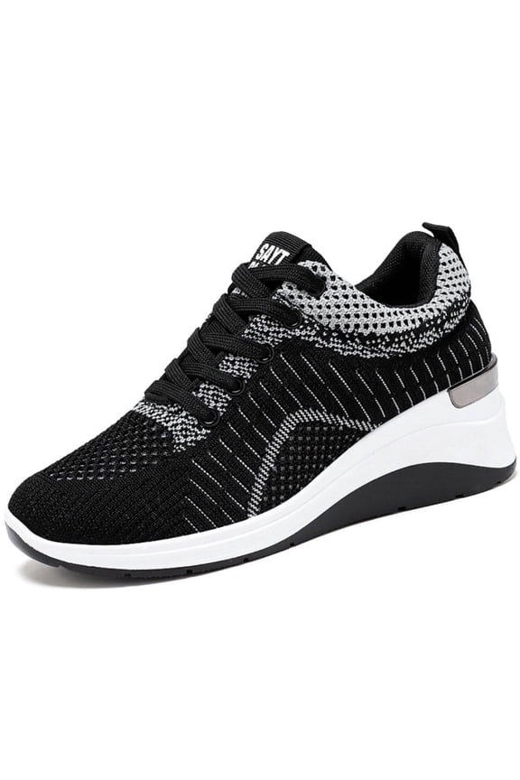 Women Casual Walking Sneakers Wedge Heel Shoes Lightweight Breathable Black 6US