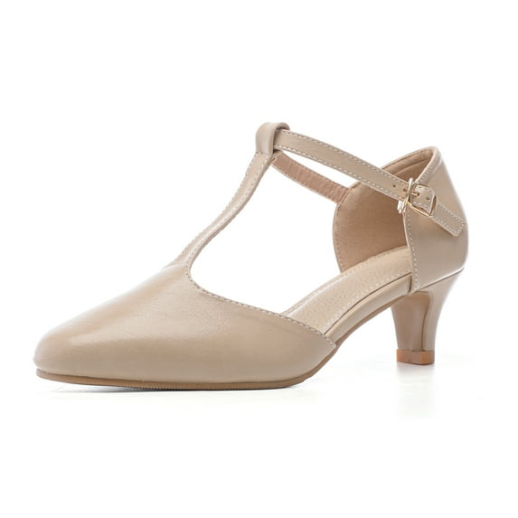DADAWEN Women Closed Toe Kitten Heels T-Strap Mary Jane Dress Shoes Nude 6 US