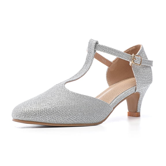 DADAWEN Women Closed Toe Kitten Heels T-Strap Mary Jane Dress Shoes Silver 6.5 US