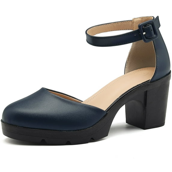 DADAWEN Women's Ankle Strap Platform Dress Wedding Shoes with Chunky Mid Heels and Closed Toe