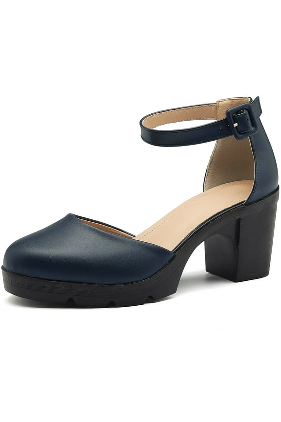 Women's Ankle Strap Platform Dress Wedding Shoes with Chunky Mid Heels and Closed Toe