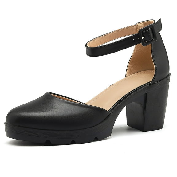 DADAWEN Women's Closed Toe Chunky Mid Heels Ankle Strap Platform Dress Wedding Shoes
