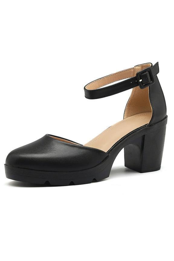 Women's Closed Toe Chunky Mid Heels Ankle Strap Platform Dress Wedding Shoes