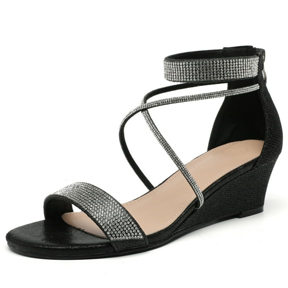 DADAWEN Women's High Heels Ankle Straps Wedge Sandals Dressy Summer Open Toe Rhinestone Sandals Back Zip Black 6 US