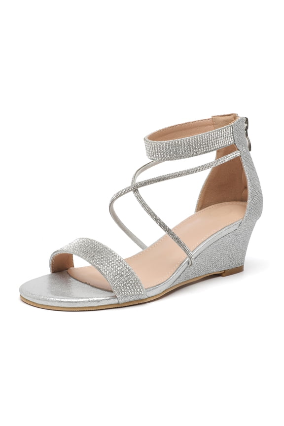 Women's Dressy Sandals Wedge Open Toe Ankle Straps Heel Rhinestone Back Zip Silver 5 US
