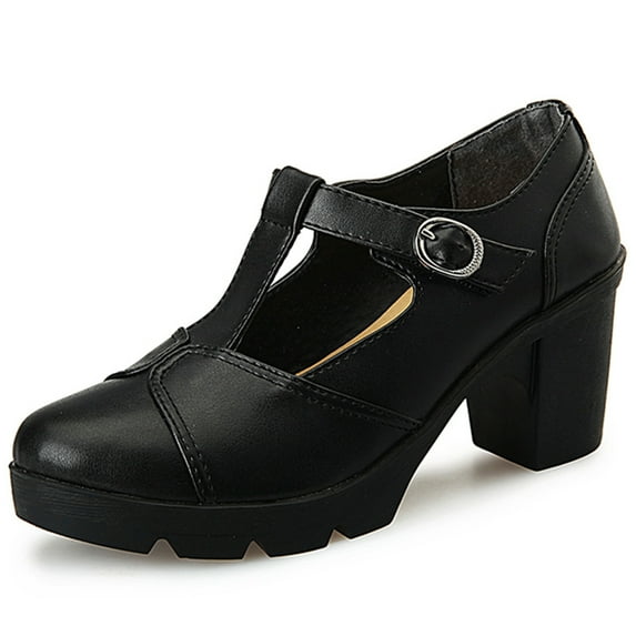 DADAWEN Women's Mary Jane Pumps Block Heel Platform Oxfords Leather Shoes - Comfortable Fashion T-Strap Black Size 7.5 US