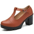 thumbnail image 1 of DADAWEN Women's Mary Jane Pumps Block Heel Platform Oxfords Leather Shoes - Comfortable Fashion T-Strap Brown Size 10 US, 1 of 6