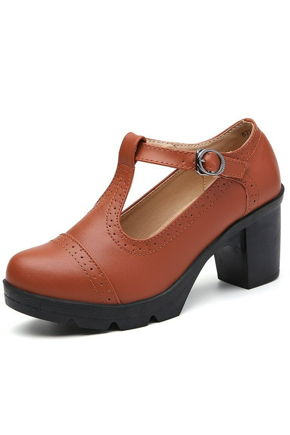 Women's Mary Jane Pumps Block Heel Platform Oxfords Leather Shoes - Comfortable Fashion T-Strap Brown Size 4.5 US