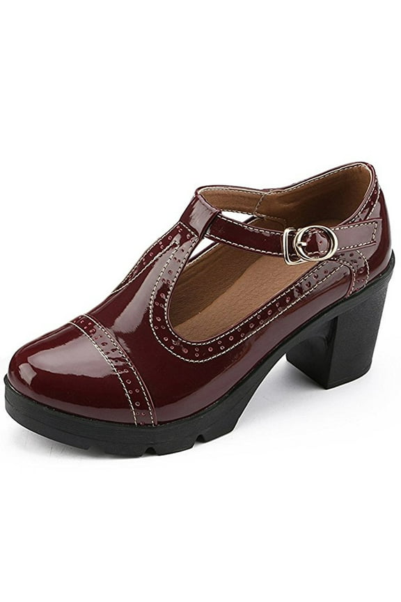 Women's Mary Jane Pumps Block Heel Platform Oxfords Leather Shoes - Comfortable Fashion T-Strap Patent Leather Wine Red Size 6.5 US