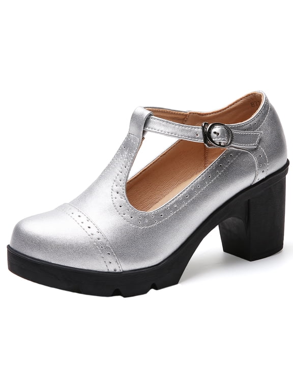 Women's Mary Jane Pumps Block Heel Platform Oxfords Leather Shoes - Comfortable Fashion T-Strap Silver Size 10 US