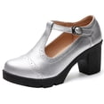 thumbnail image 1 of DADAWEN Women's Mary Jane Pumps Block Heel Platform Oxfords Leather Shoes - Comfortable Fashion T-Strap Silver Size 8 US, 1 of 2