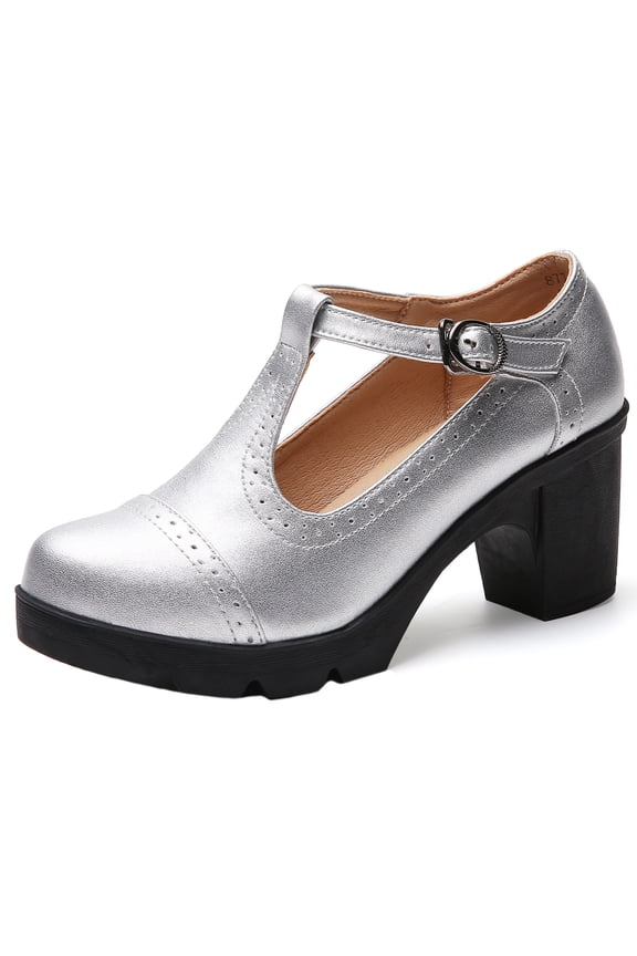 Women's Mary Jane Pumps Block Heel Platform Oxfords Leather Shoes - Comfortable Fashion T-Strap Silver Size 8 US