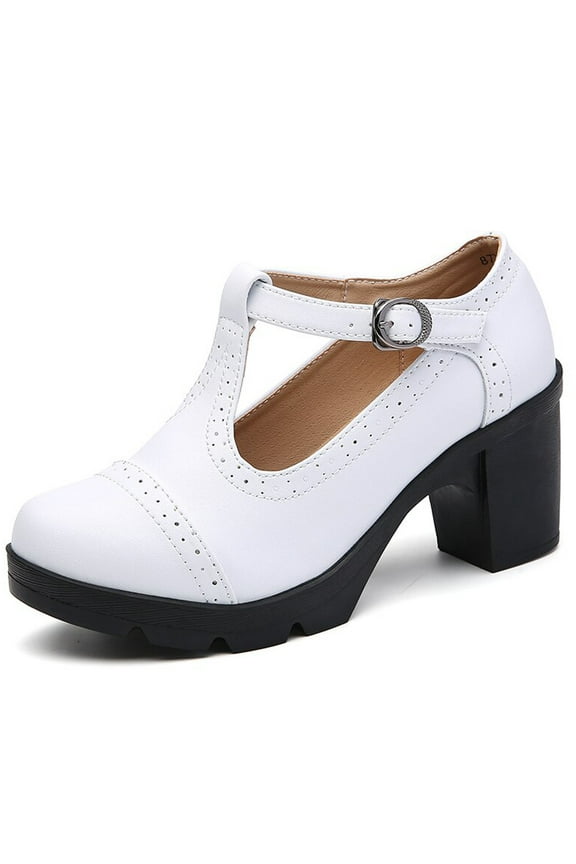 Women's Mary Jane Pumps Block Heel Platform Oxfords Leather Shoes - Comfortable Fashion T-Strap White Size 9 US