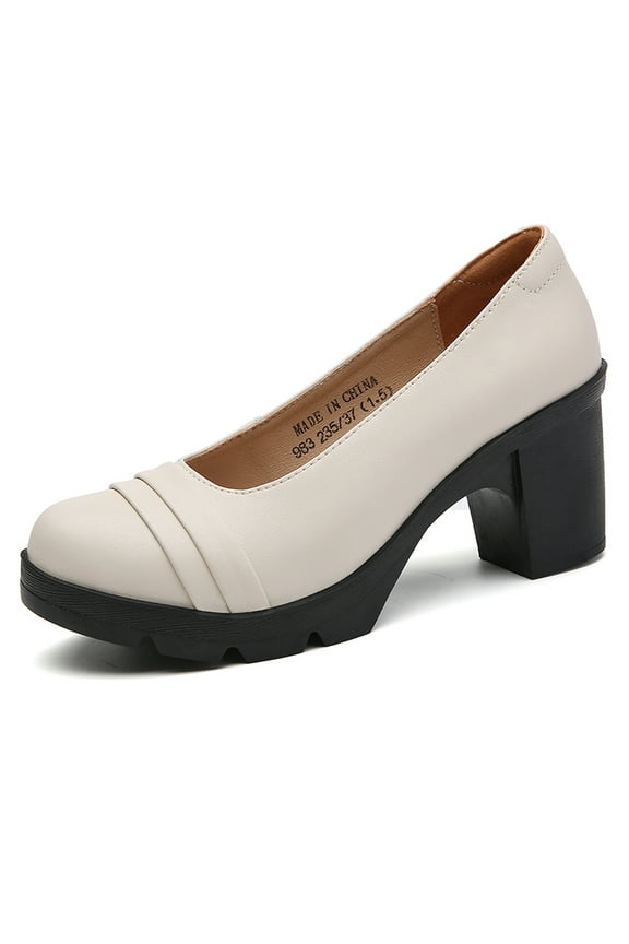 Women's Mary Janes Platform Pumps Mid-Heel Round Toe Slip-on Uniform Oxfords Dress Shoes Beige 10 US