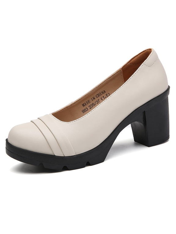 Women's Mary Janes Platform Pumps Mid-Heel Round Toe Slip-on Uniform Oxfords Dress Shoes Beige 7 US