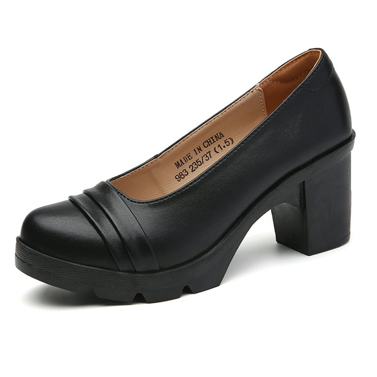 DADAWEN Women s Mary Janes Platform Pumps Mid Heel Round Toe Slip on Uniform Oxfords Dress Shoes Matte Black 7 US Walmart