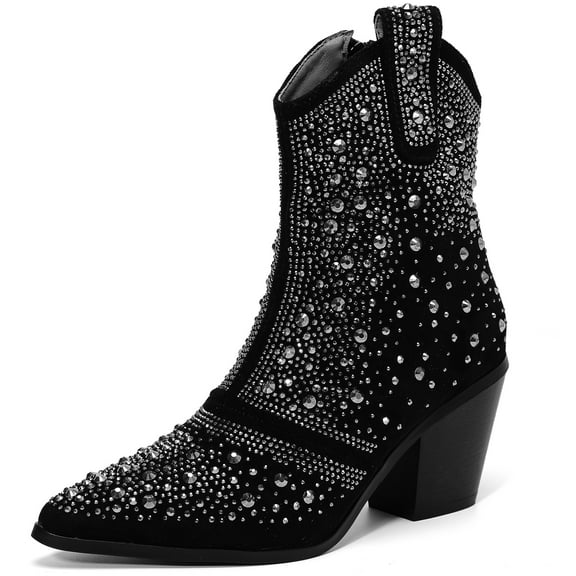 DADAWEN Women's Mid-calf Boots Block Heels Western Cowboy Rhinestones Black Cowgirl Style Shoes for 7US