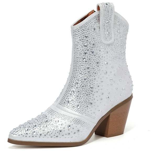 DADAWEN Women's Mid-calf Boots Block Heels Western Cowboy Rhinestones White Cowgirl Style Shoes for 6.5US
