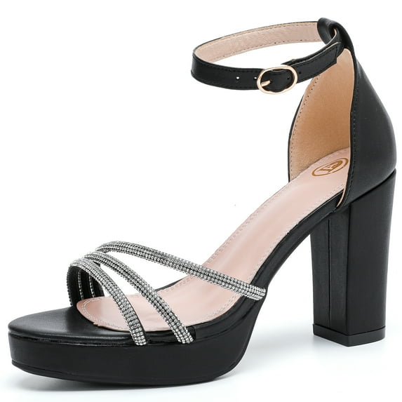 DADAWEN Women's Open Toe Chunky Heel Platform High Heels Shiny Wedding Party Dress Shoes Black 7.5