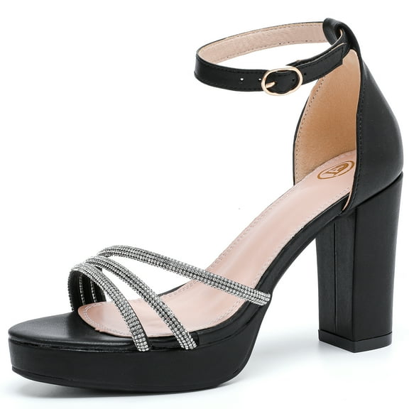 DADAWEN Women's Open Toe Chunky Heel Platform High Heels Shiny Wedding Party Dress Shoes Black 7.5