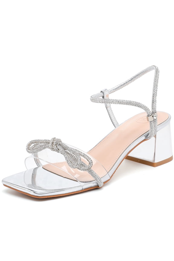 Women's Open Toe Chunky Heel Sandals Clear Strappy Rhinestone Shiny Bow Silver 6.5US