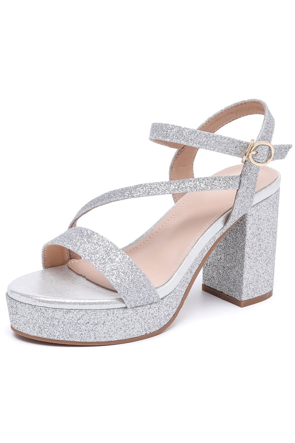 Women's Open Toe Platforms Hight Block Chunky Heels Sandals Party Wedding Dress Shoes Silver 6.5 US