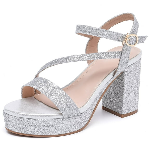 DADAWEN Women's Open Toe Platforms Hight Block Chunky Heels Sandals Party Wedding Dress Shoes Silver 6 US