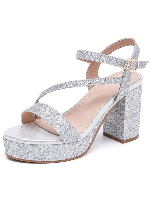 Women's Open Toe Platforms Hight Block Chunky Heels Sandals Party Wedding Dress Shoes Silver 6 US