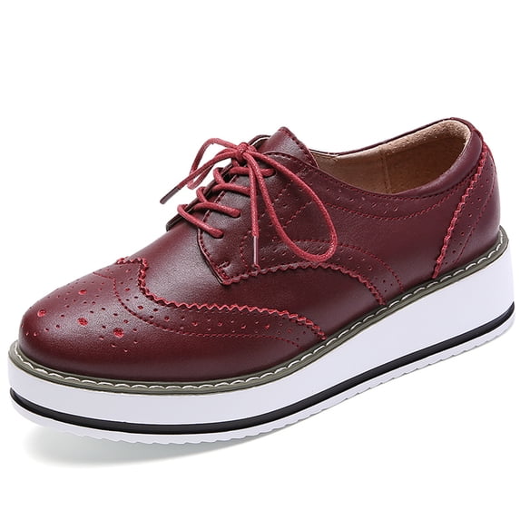 DADAWEN Women's Platform Flats Shoes Lace up Square Toe Oxfords Burgundy Casual Shoes for Ladies 5 US