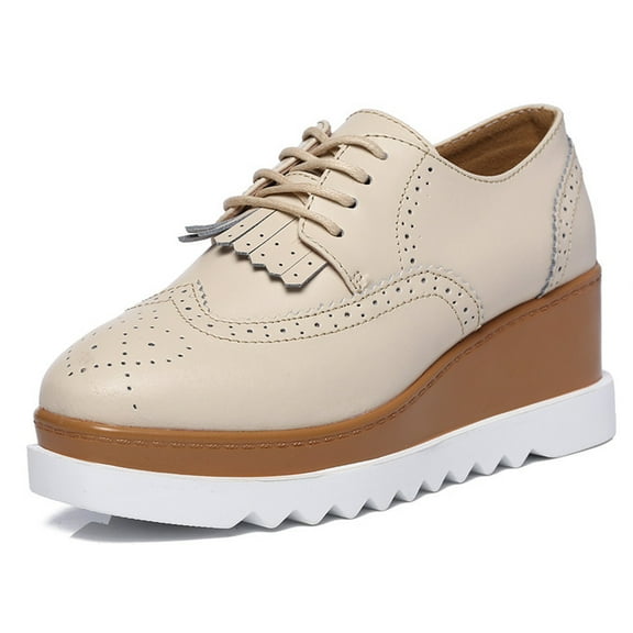 DADAWEN Women's Platform Oxford Shoes Fashion Tassels Square-Toe Lace-up Shoes Wedge Heel Beige 8 US