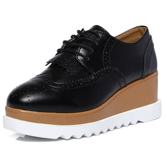 DADAWEN Women's Platform Oxford Shoes Fashion Tassels Square-Toe Lace-up Shoes Wedge Heel Black 5 US