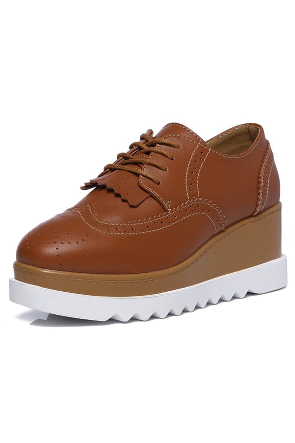 Women's Platform Oxford Shoes Fashion Tassels Square-Toe Lace-up Shoes Wedge Heel Brown 6 US