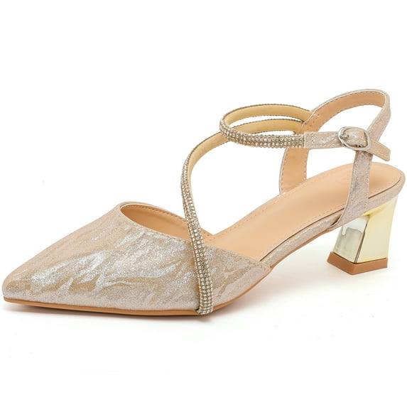 DADAWEN Women's Pointed Toe Ankle Strap Block Heel Wedding Party Dress Pump Shoes Gold 7 US