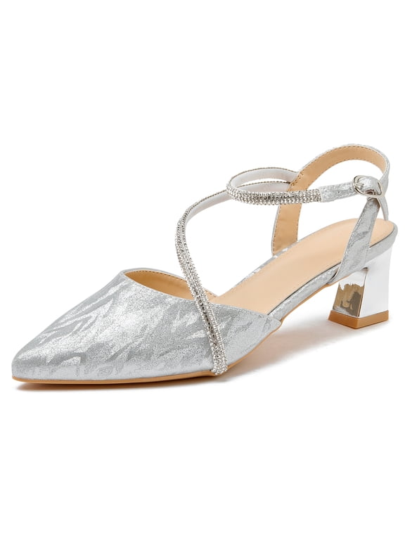 Women's Pointed Toe Ankle Strap Block Heel Wedding Party Dress Pump Shoes Silver 7 US