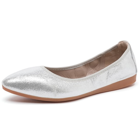 DADAWEN Women’s Pointed Toe Ballet Flats Slip on Casual Flats Walking Ballerina Shoes Silver 5.5US