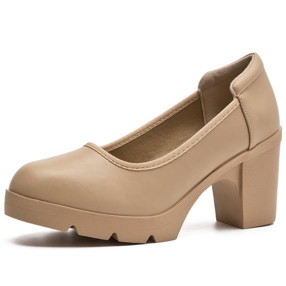 DADAWEN Women's Pumps Platform Chunky Heel Slip-On Dressy Shoes Nude 7US