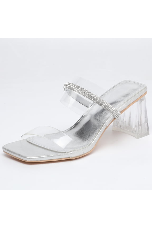 Women's Slide Sandal Open Toe Chunky Heel Dress Shoes Parties Weddings Dresses Dating Shoes Silver 10 US