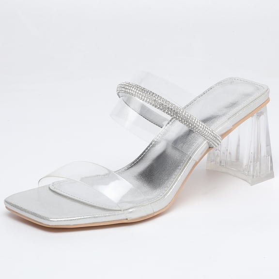 DADAWEN Women's Slide Sandal Open Toe Chunky Heel Dress Shoes Parties Weddings Dresses Dating Shoes Silver 7.5 US