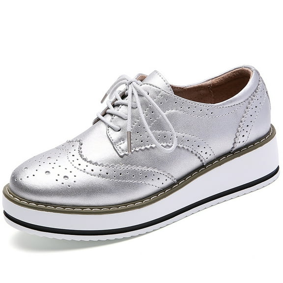 DADAWEN Women's Flats Platform Shoes Oxfords Casual Shoes Silver 5 US