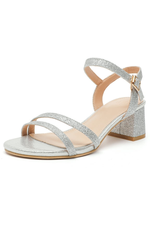 Womens Ankle Strap Block Heels Sandals Open Toe Summer Dressy Sandals Party Wedding Shoes Silver Size 6