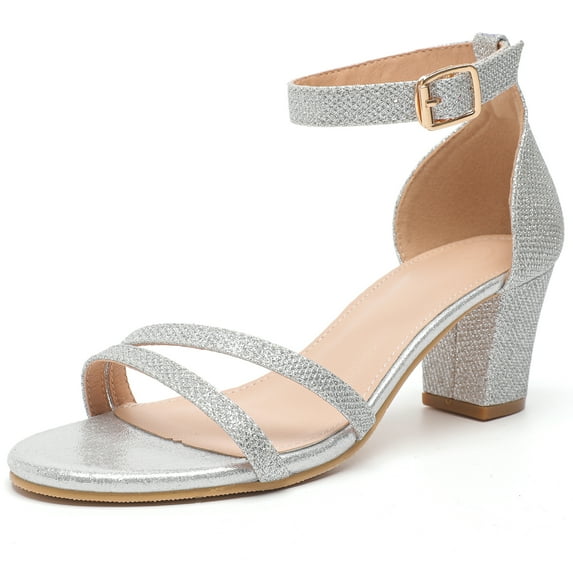 DADAWEN Womens Chunky Heel Sandals Dressy Heel Shoe Open Toe Ankle Strap Heels Wedding Party Shoes Silver 5US