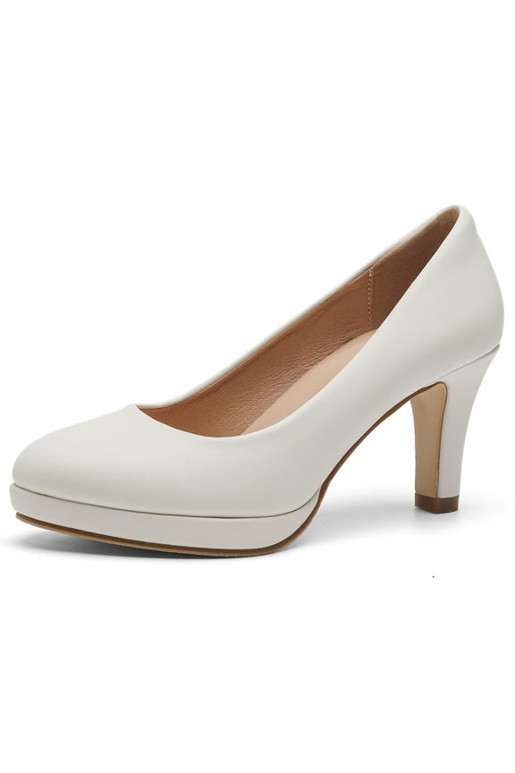 Womens Pumps Mid Heels Round Toe Platform High heels Bridal Wedding Party Prom Dress Shoes White 6US