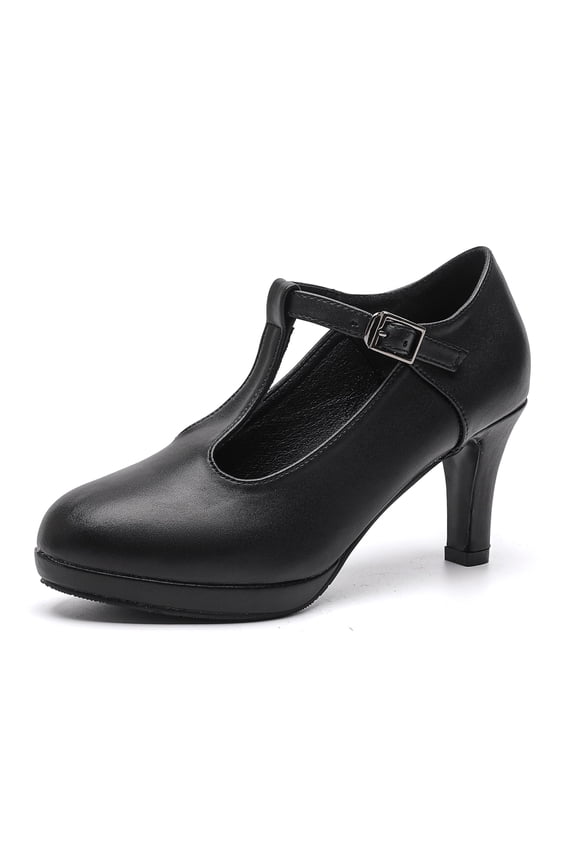 Womens Pumps Round Toe T-Strap Mid Heels Bridal Wedding Party Dress Shoes Black 7.5 US