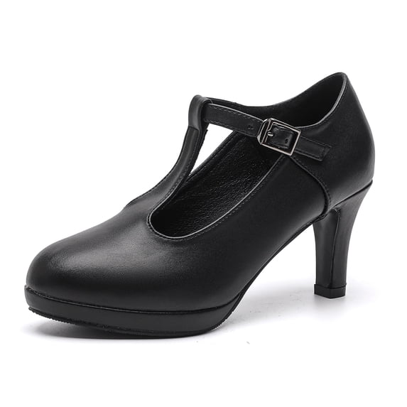 DADAWEN Womens Pumps Round Toe T-Strap Mid Heels Bridal Wedding Party Dress Shoes Black 8.5 US