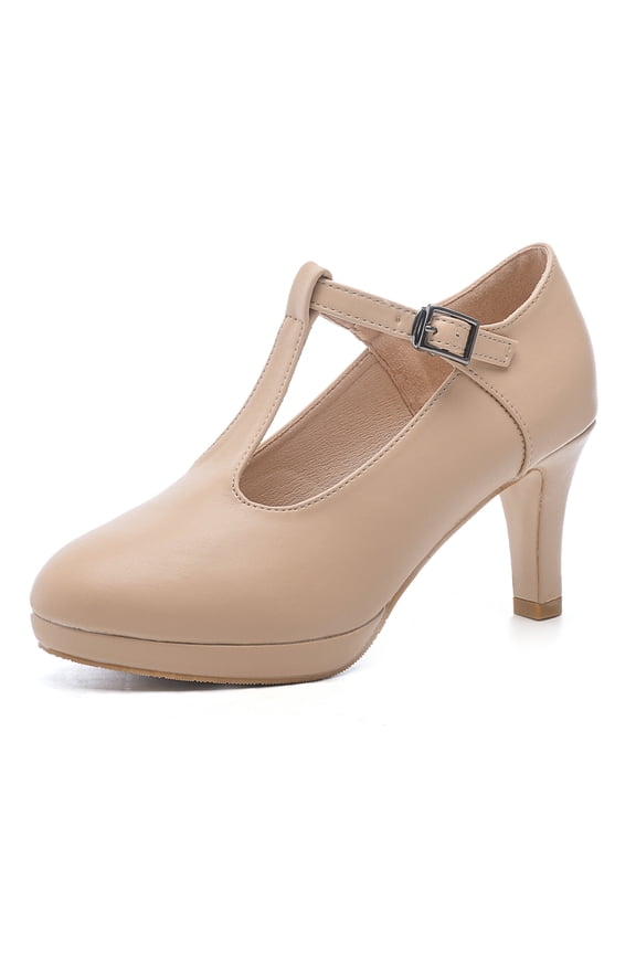 Womens Pumps Round Toe T-Strap Mid Heels Bridal Wedding Party Dress Shoes Nude 7.5 US